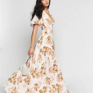 Reformation The Shayla Dress: White and Brown Floral Maxi Dress